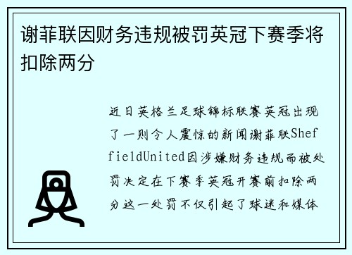 谢菲联因财务违规被罚英冠下赛季将扣除两分